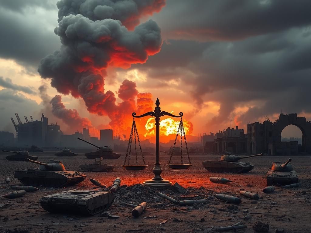 Flick International War-torn Middle Eastern cityscape with smoke and explosions
