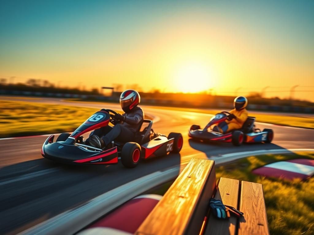 Flick International Two go-karts racing on a vibrant track under a sunny sky