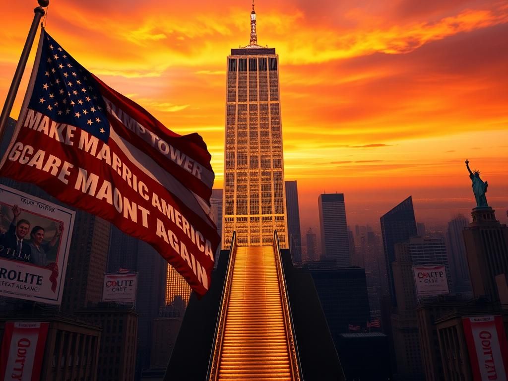 Flick International A sweeping view of Trump Tower with an American flag in the foreground
