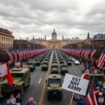 Flick International Aerial view of a military parade showcasing U.S. Army vehicles and protest signs