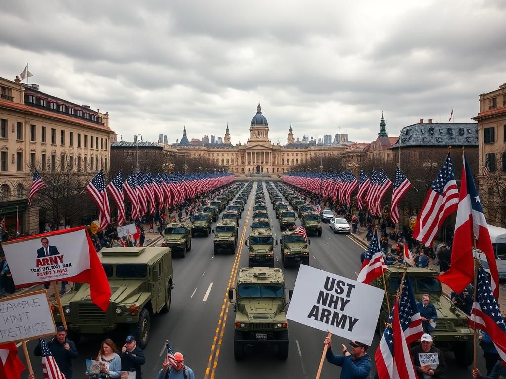Flick International Aerial view of a military parade showcasing U.S. Army vehicles and protest signs