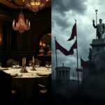 Flick International Split image contrasting luxurious dining atmosphere with political turmoil symbols.