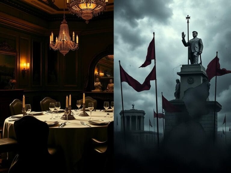 Flick International Split image contrasting luxurious dining atmosphere with political turmoil symbols.