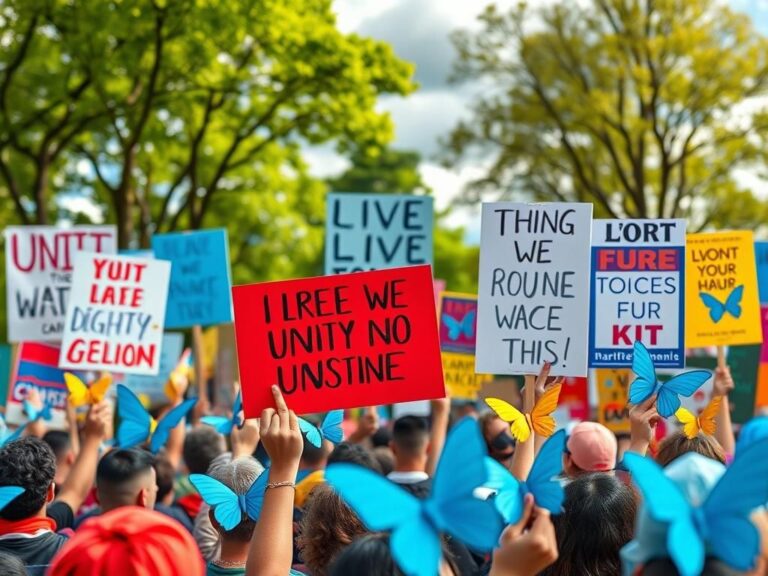 Flick International A vibrant public protest scene with colorful signs advocating for unity and justice