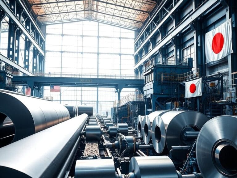 Flick International Interior view of a modern steel mill with advanced machinery and sunlight streaming through large windows