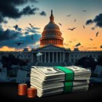 Flick International Ornate Capitol building at twilight surrounded by swirling legislative documents and tax forms