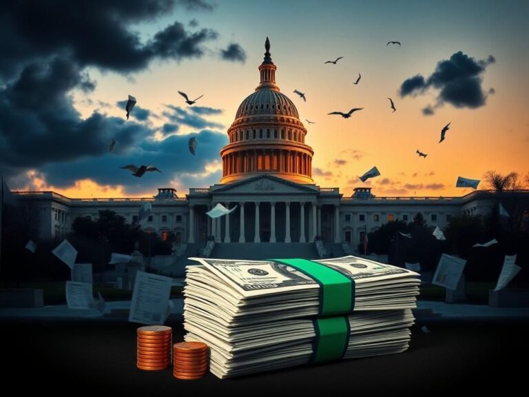 Flick International Ornate Capitol building at twilight surrounded by swirling legislative documents and tax forms