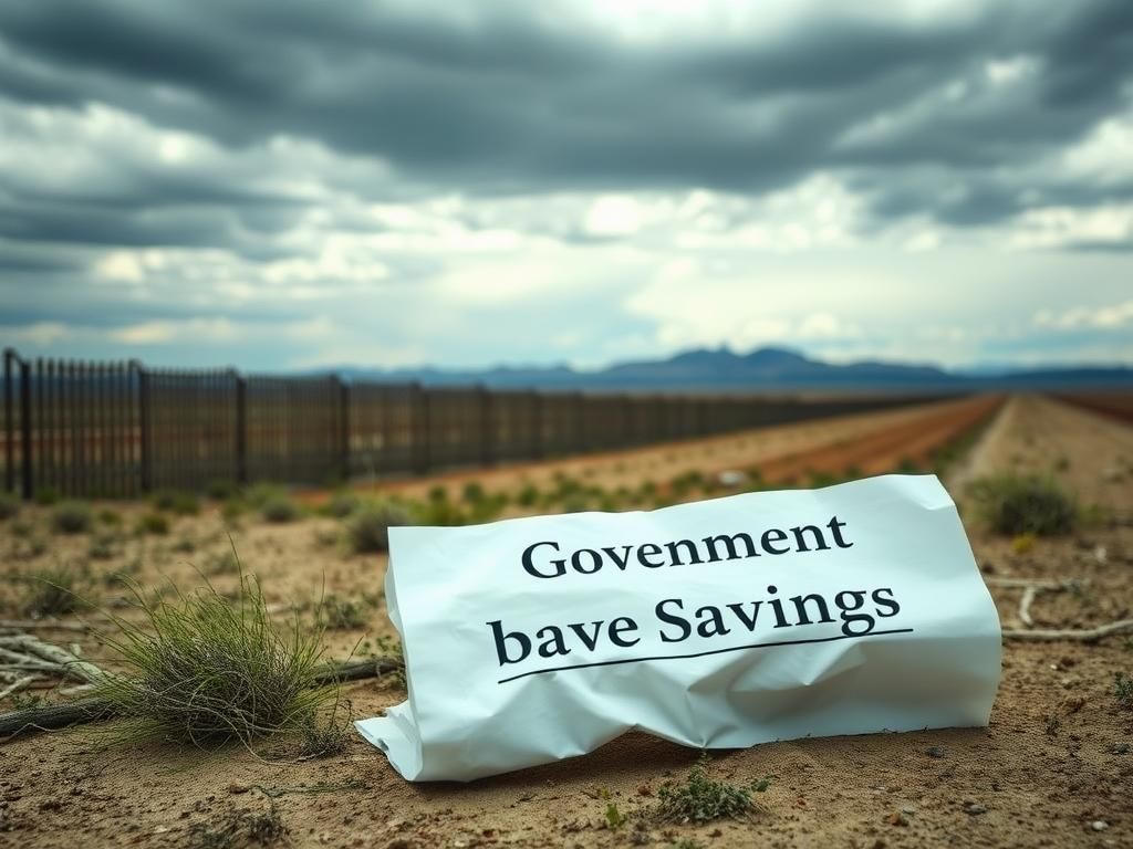 Flick International Desolate border scene with incomplete border wall and empty detention facilities