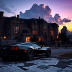 Flick International A dramatic urban landscape at dusk showcasing a luxury black sports car parked outside a grand, rundown mansion.