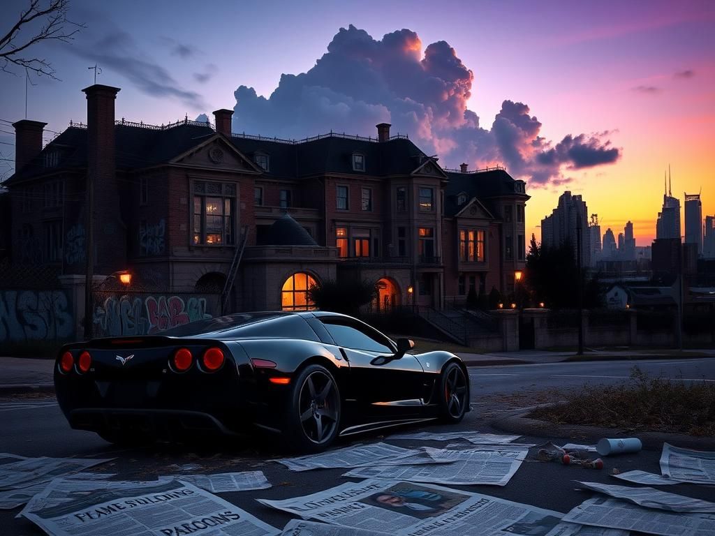 Flick International A dramatic urban landscape at dusk showcasing a luxury black sports car parked outside a grand, rundown mansion.
