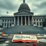 Flick International Conceptual image of a government building with healthcare symbols, highlighting Medicaid concerns