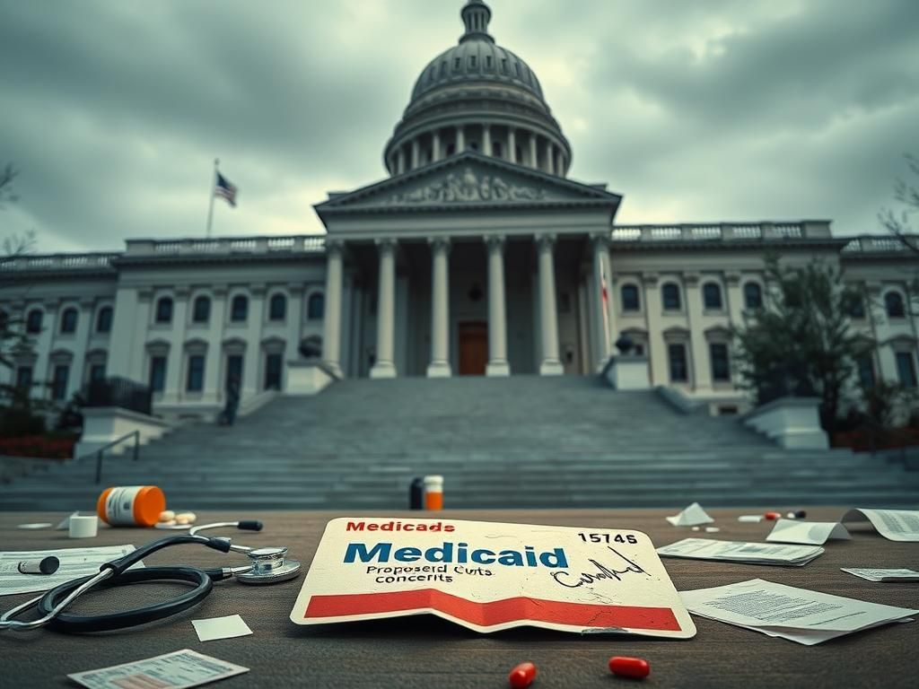 Flick International Conceptual image of a government building with healthcare symbols, highlighting Medicaid concerns