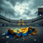 Flick International Empty soccer stadium in Amsterdam draped in Maccabi Tel Aviv colors, symbolizing unrest