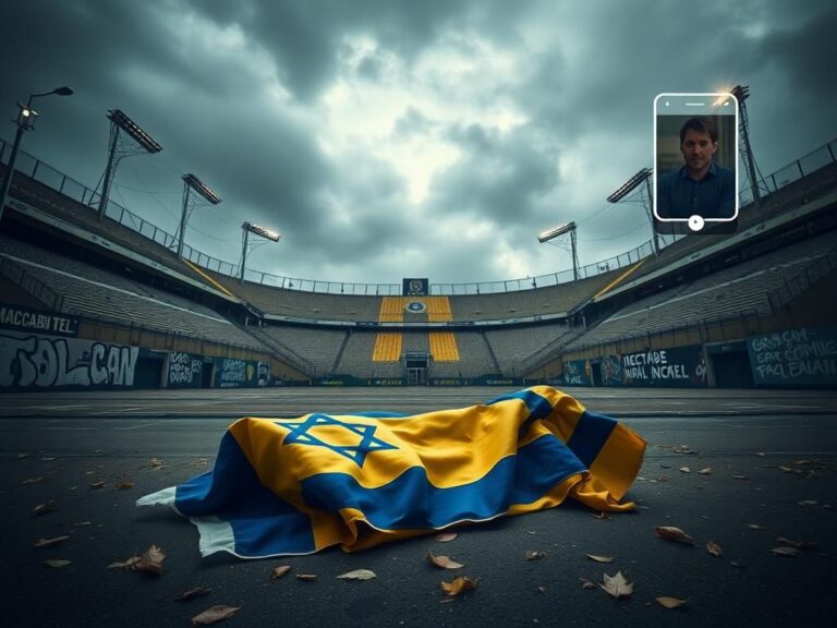 Flick International Empty soccer stadium in Amsterdam draped in Maccabi Tel Aviv colors, symbolizing unrest
