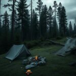 Flick International Abandoned camping site in a somber forest scene reflecting isolation and melancholy.