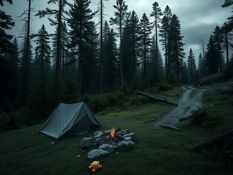Flick International Abandoned camping site in a somber forest scene reflecting isolation and melancholy.