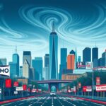 Flick International Urban skyline of New York City with political campaign elements and iconic landmarks