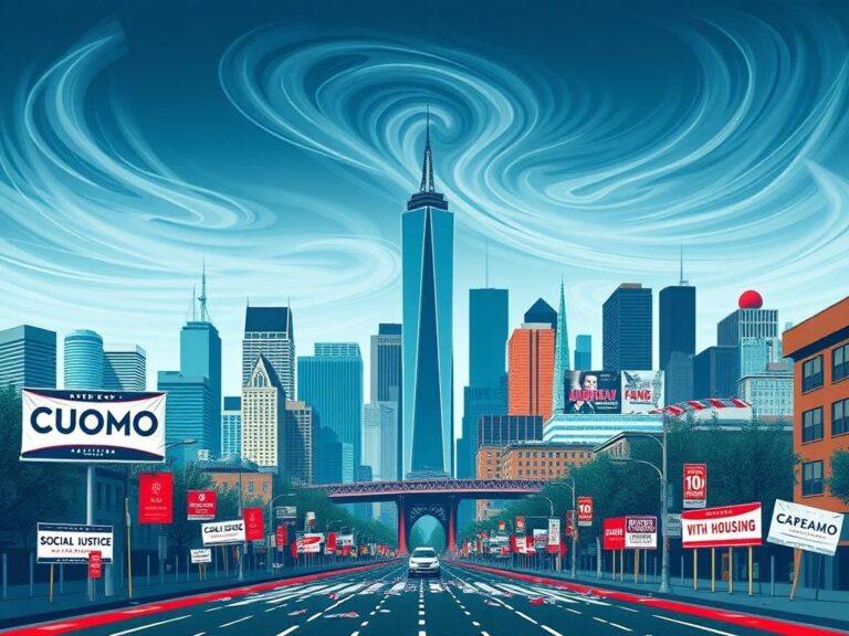 Flick International Urban skyline of New York City with political campaign elements and iconic landmarks