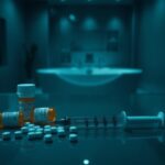 Flick International A dimly lit modern medical office with scattered prescription bottles and an oversized syringe, symbolizing addiction.