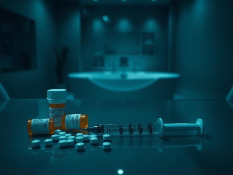 Flick International A dimly lit modern medical office with scattered prescription bottles and an oversized syringe, symbolizing addiction.