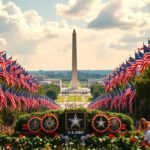 Flick International Majestic landscape of Washington D.C. during the Army's 250th anniversary parade with military float.