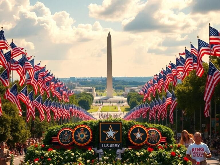 Flick International Majestic landscape of Washington D.C. during the Army's 250th anniversary parade with military float.