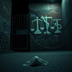 Flick International Dimly lit alleyway in South Central Los Angeles with graffiti symbolizing justice themes and a discarded mask on the pavement