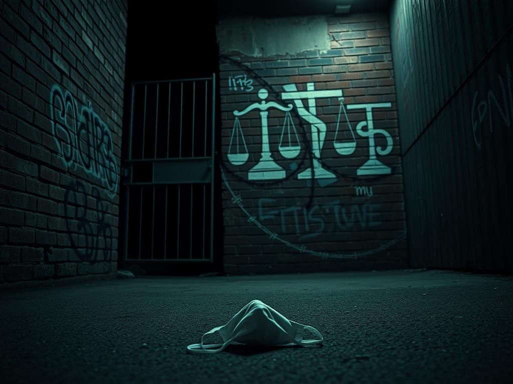 Flick International Dimly lit alleyway in South Central Los Angeles with graffiti symbolizing justice themes and a discarded mask on the pavement