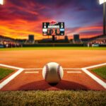 Flick International Dramatic baseball field at dusk with pitcher’s mound and home plate