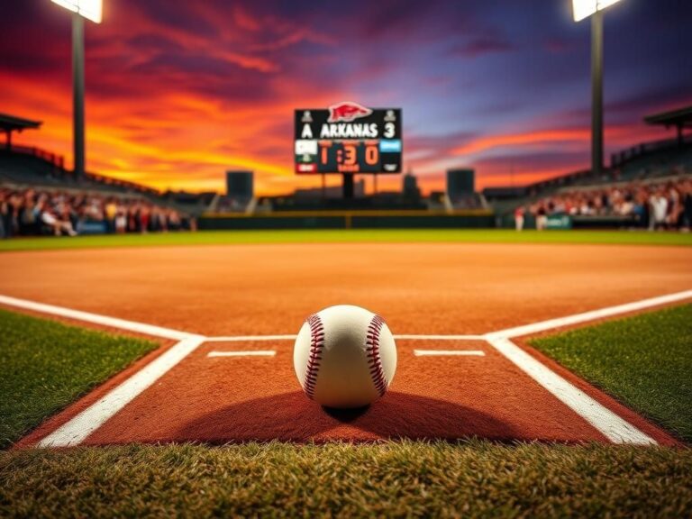 Flick International Dramatic baseball field at dusk with pitcher’s mound and home plate