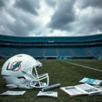 Flick International A large, empty football helmet on a grass field symbolizes absence of trust in the Miami Dolphins team.