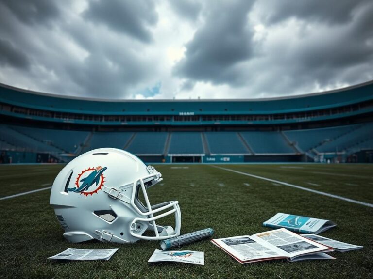 Flick International A large, empty football helmet on a grass field symbolizes absence of trust in the Miami Dolphins team.