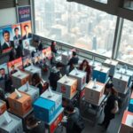 Flick International A bustling South Korean polling station during a snap presidential election with colorful ballot boxes and voting booths.