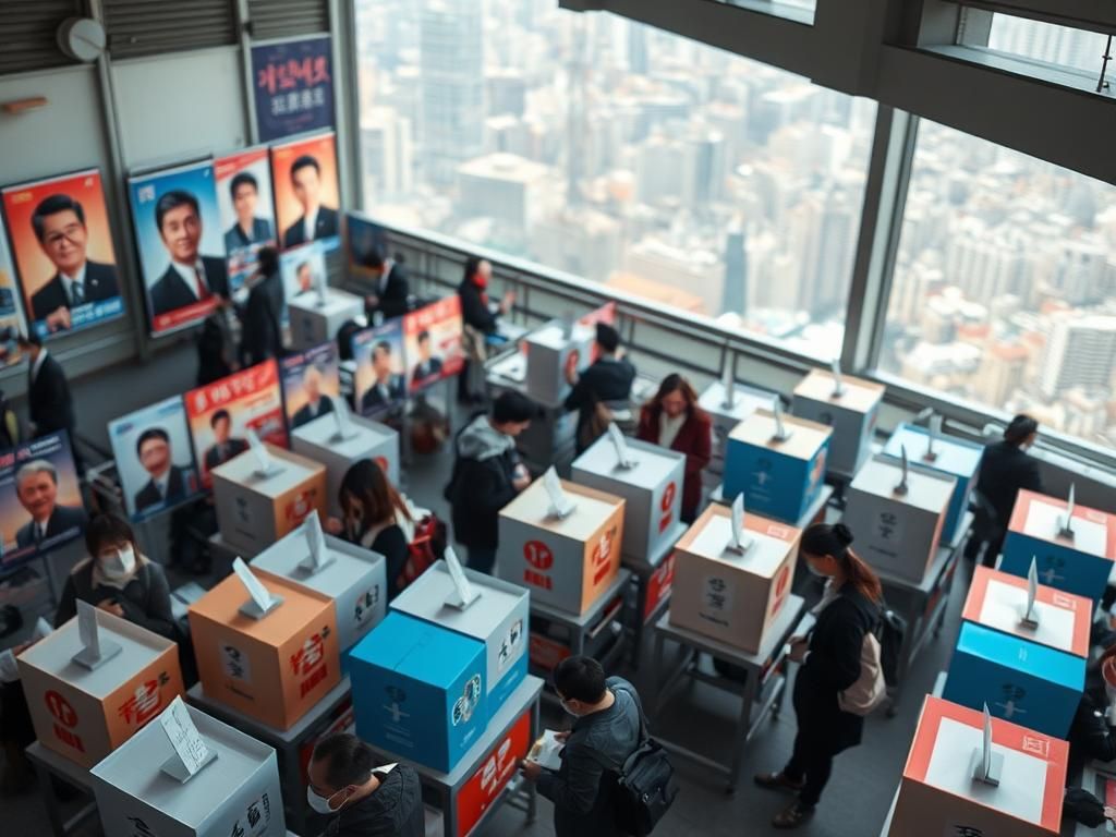 Flick International A bustling South Korean polling station during a snap presidential election with colorful ballot boxes and voting booths.