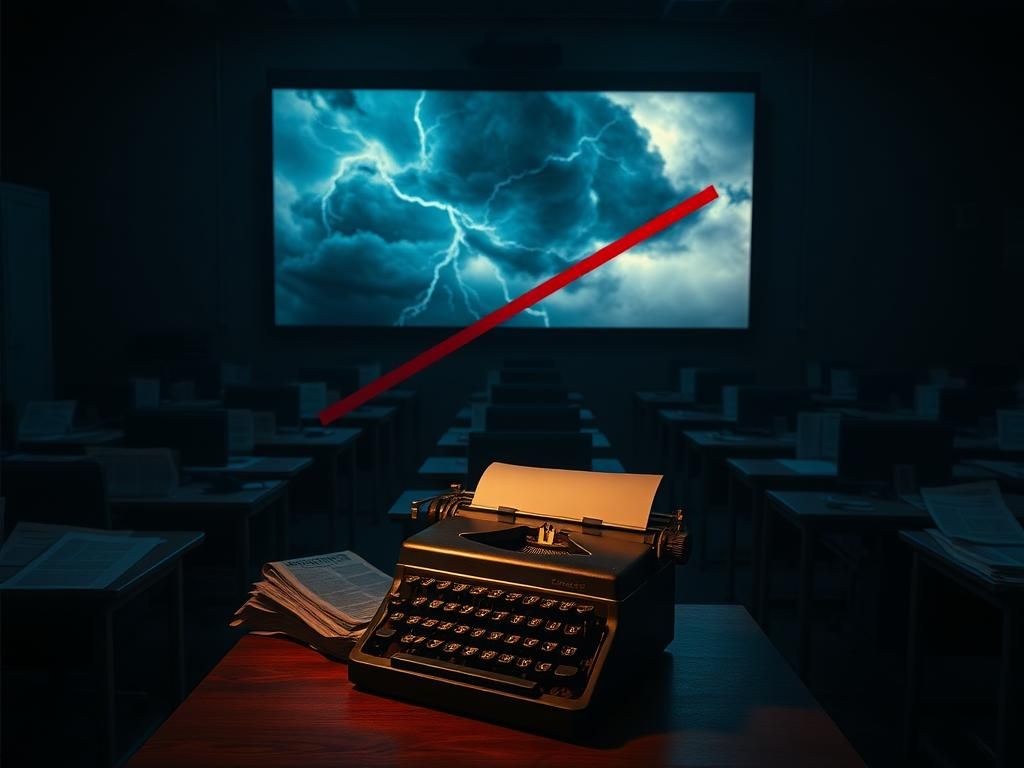 Flick International An empty newsroom at dusk with scattered papers and a vintage typewriter symbolizing the challenges of modern journalism