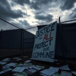 Flick International A dramatic view of an ICE facility with protest signs