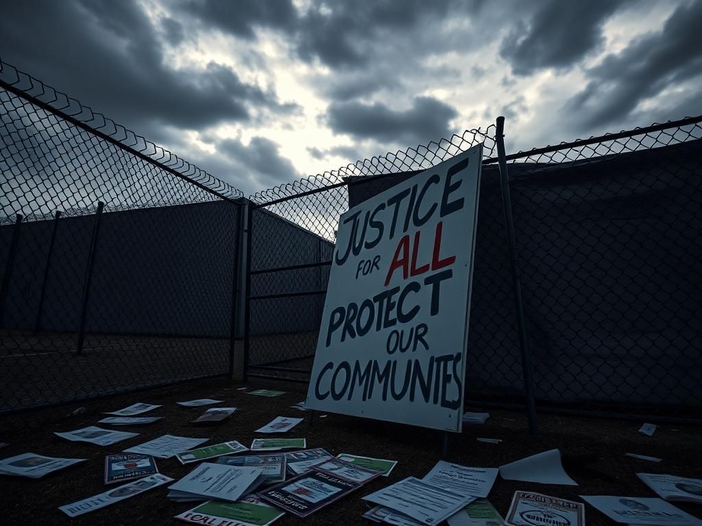 Flick International A dramatic view of an ICE facility with protest signs