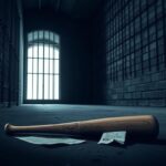 Flick International Dark prison setting with a broken baseball bat symbolizing betrayal and confinement
