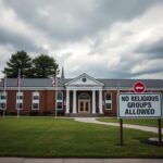 Flick International Exterior view of a Massachusetts public school with a sign stating 'No Religious Groups Allowed.'