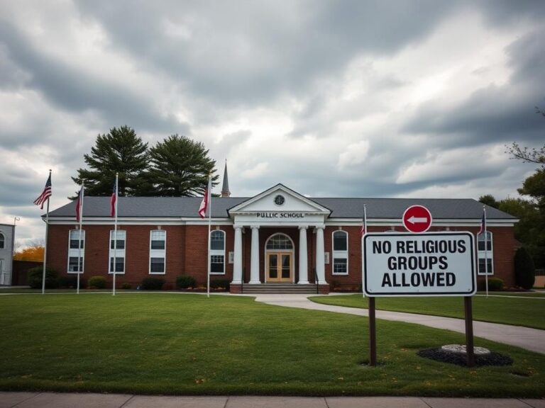 Flick International Exterior view of a Massachusetts public school with a sign stating 'No Religious Groups Allowed.'