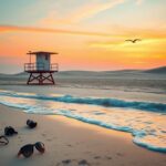 Flick International Serene beach scene at sunset with camera equipment and sunglasses symbolizing paparazzi intrusion