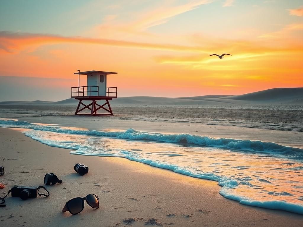 Flick International Serene beach scene at sunset with camera equipment and sunglasses symbolizing paparazzi intrusion