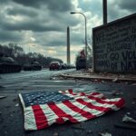 Flick International A broken American flag on a damaged street with protest debris in Washington D.C.