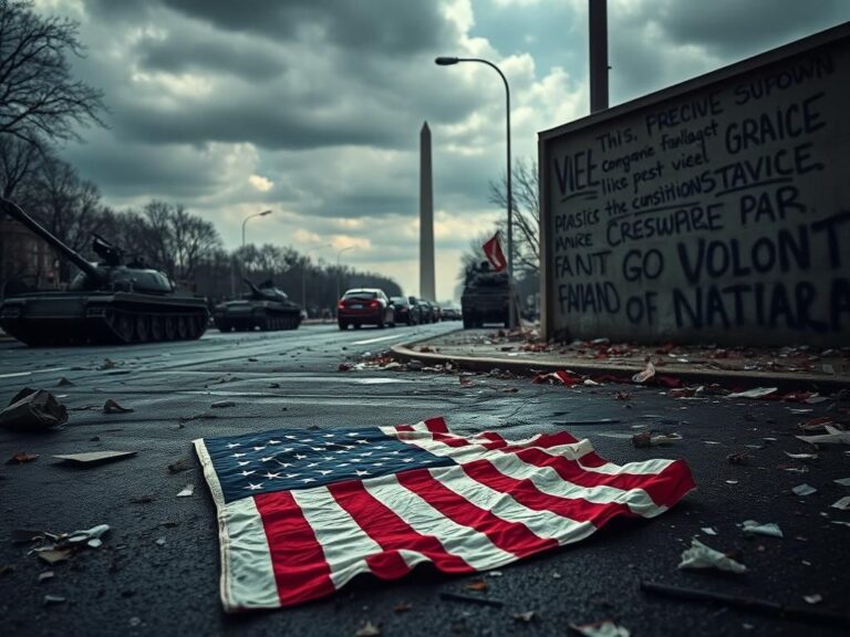Flick International A broken American flag on a damaged street with protest debris in Washington D.C.
