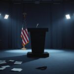 Flick International A stark, empty podium at a press conference room symbolizing political tension