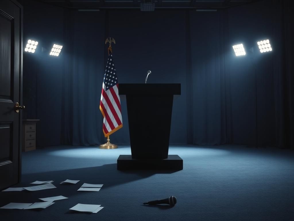 Flick International A stark, empty podium at a press conference room symbolizing political tension