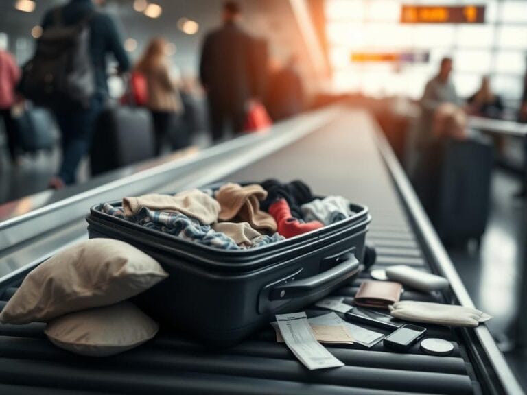 Flick International Close-up of an unlocked suitcase at an airport baggage claim