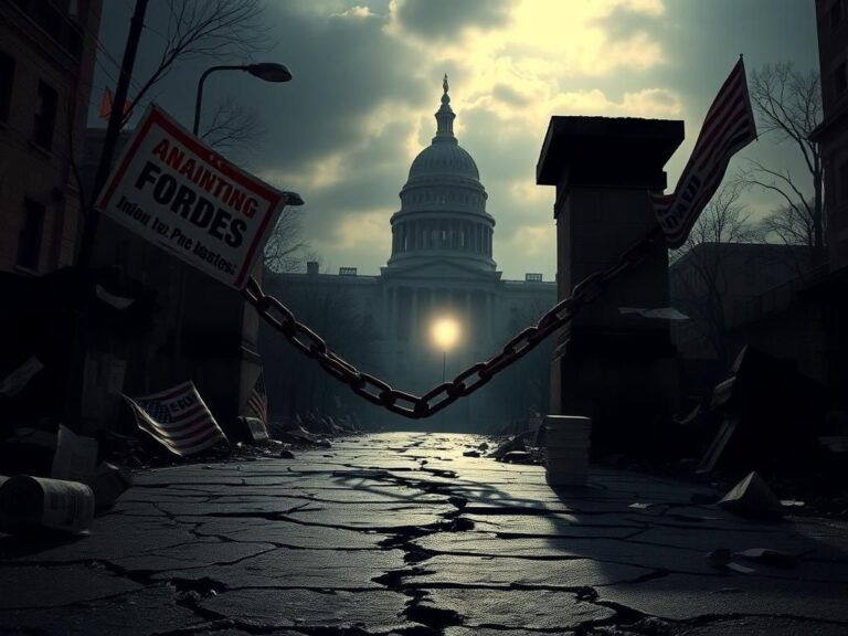 Flick International Dimly lit urban landscape with a broken street and political posters symbolizing division
