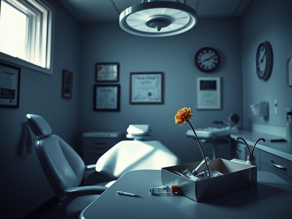 Flick International A somber dental office with an empty dentist's chair and overhead light