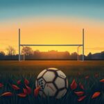 Flick International A vacant soccer field at Boston University during sunset with a weathered soccer ball surrounded by fallen leaves